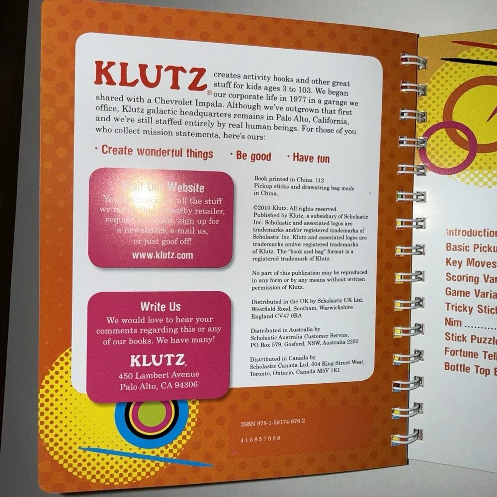 Klutz Book of Pickup Sticks Game Kit NEW 2010 Spiral Bound Book & 30 Sticks Bag